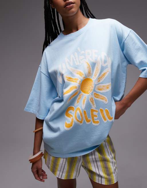 Topshop graphic Soleil oversized tee in light blue, 2 of 4