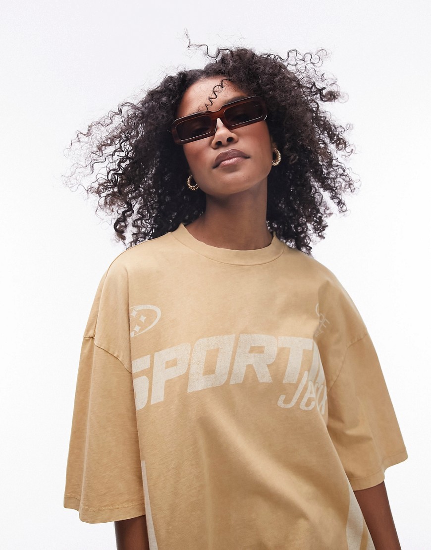 Topshop Graphic Sportif Sporty Washed Oversized Tee In Stone-neutral