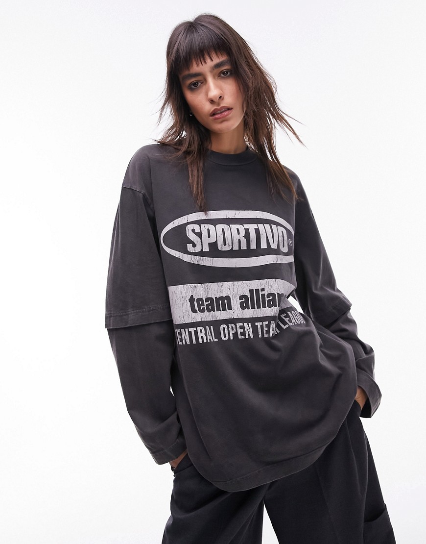 Topshop Graphic Sportivo Double Layered Skater Long Sleeve Tee In Slate-gray