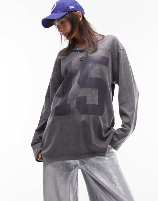 Topshop graphic sporty 15 v neck long sleeve skater tee in slate