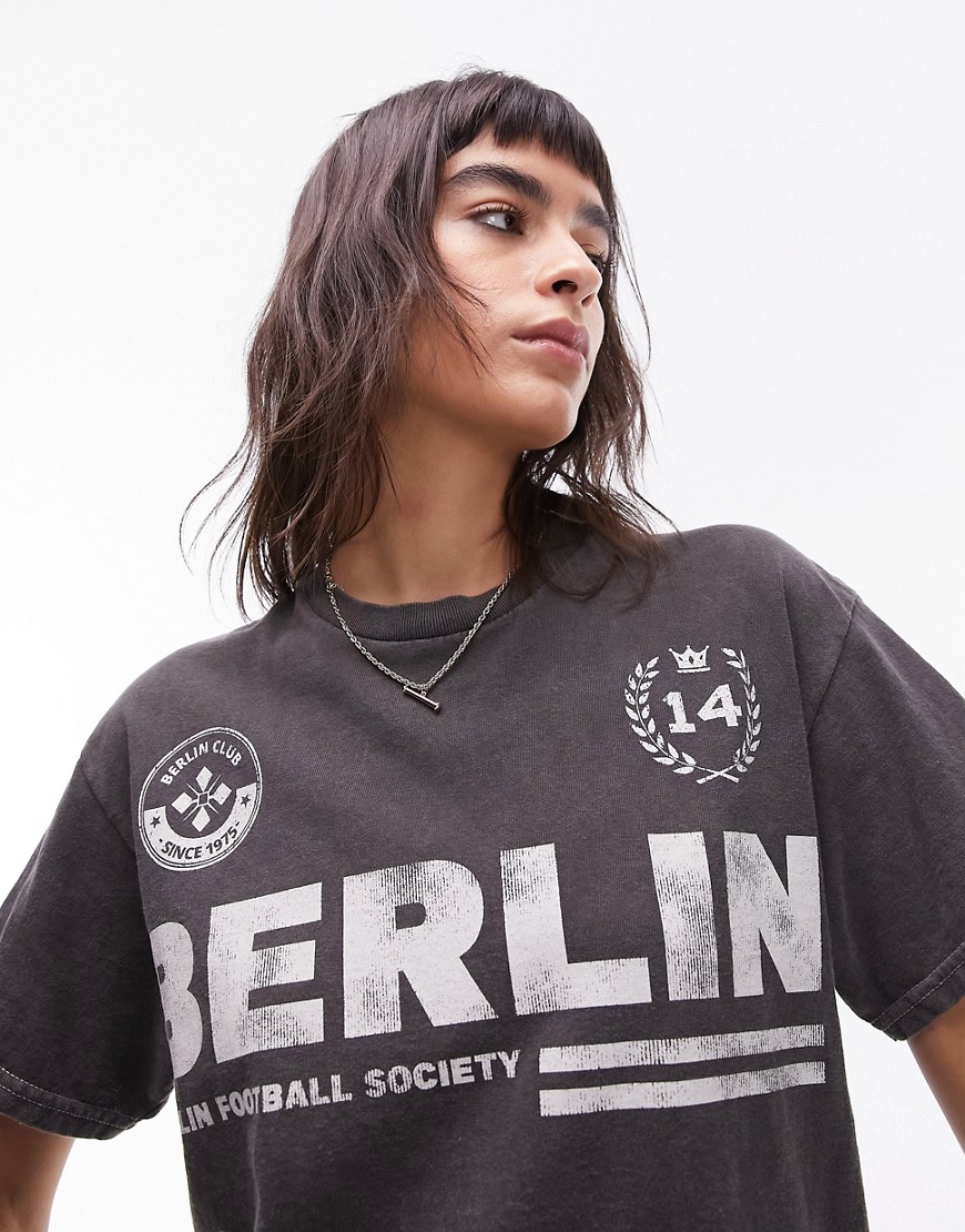 Topshop Graphic Sporty Berlin Oversized Tee In Charcoal-gray