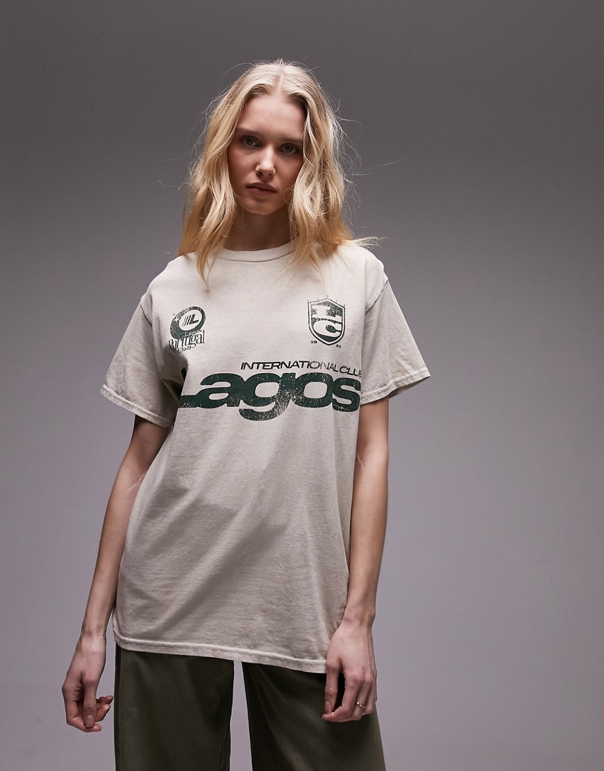 Topshop graphic sporty Lagos oversized tee in stone-Neutral