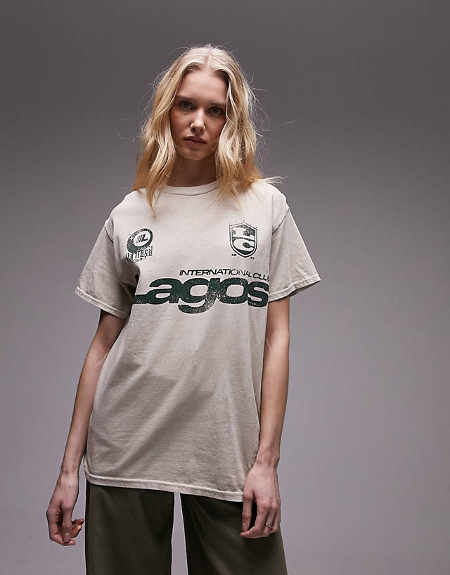 Topshop - graphic sporty lagos oversized tee in stone
