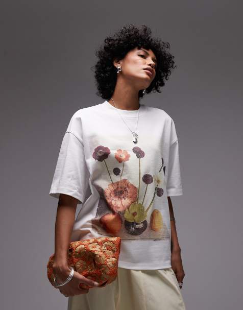 Topshop graphic still life print oversized tee in white - view 1