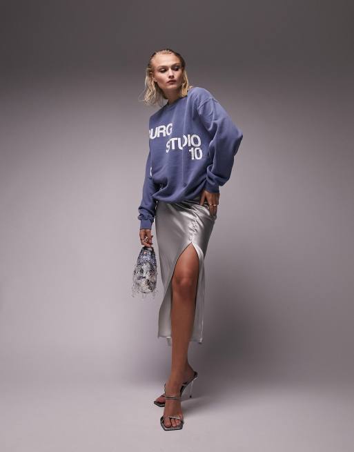 Topshop graphic studio 10 vintage wash oversized sweat in blue