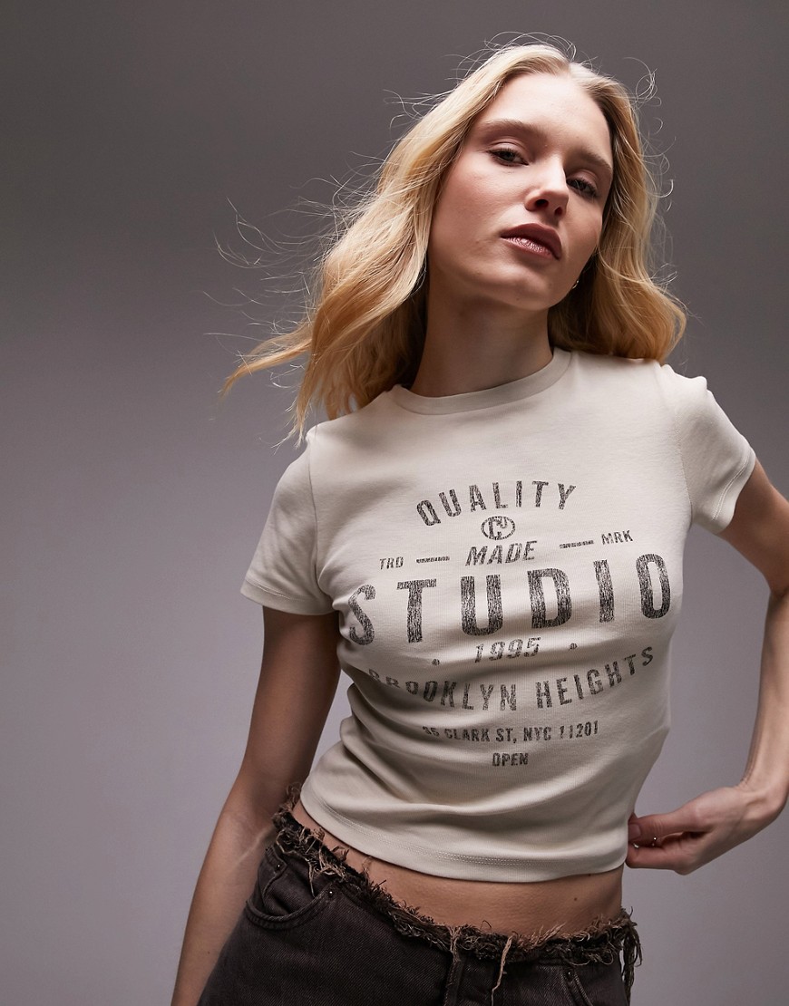 Topshop graphic studio 1995 washed baby tee in stone-Neutral