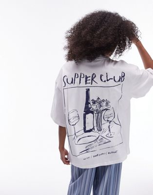 Topshop Graphic Supper Club Oversized Tee In White