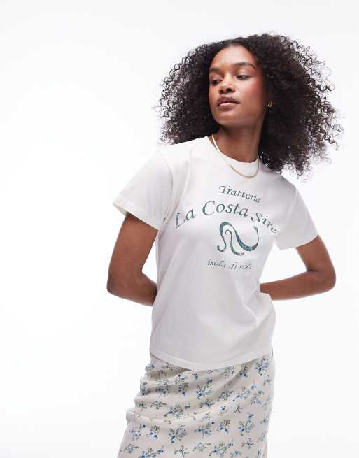 Topshop graphic trattoria la costa slim tee in ecru 