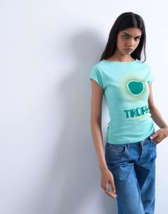 Graphic Tropez cap sleeve slash neck baby tee in teal