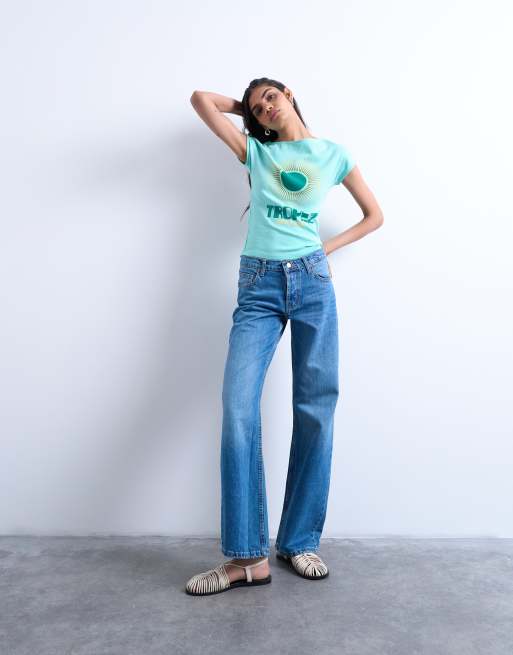 Topshop graphic Tropez cap sleeve slash neck baby tee in teal, 2 of 4