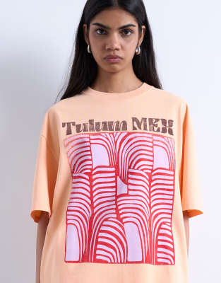 Topshop Graphic Tulum Oversized Tee In Orange