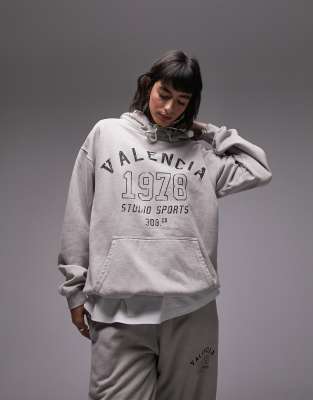 Topshop Graphic Valencia Oversized Hoodie In Stone-gray