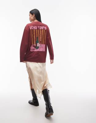 Topshop graphic vino tinto long sleeve skater in burgundy-Red