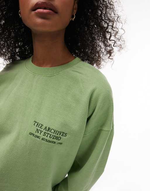 Topshop graphic vintage wash archive oversized sweat in green - part of a set