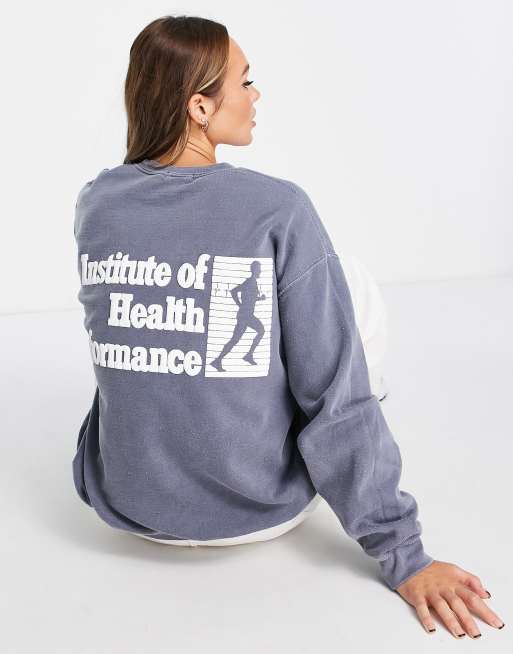 Topshop graphic vintage wash institute of health performance sweat in dark blue