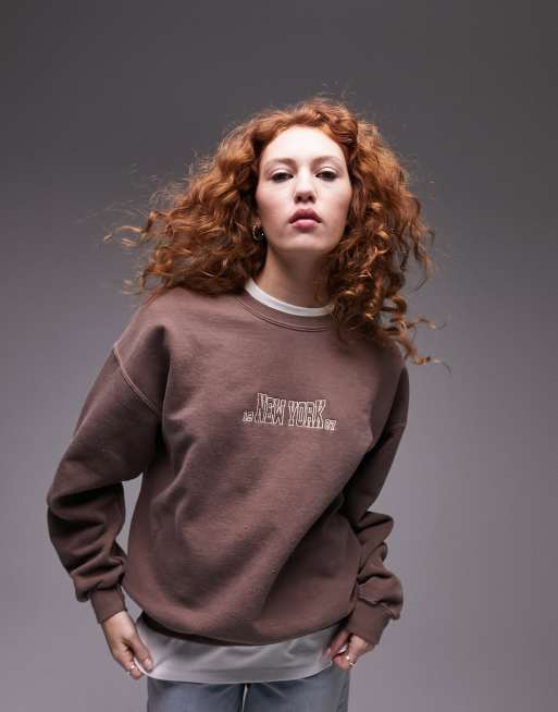 Topshop graphic vintage wash new york sweat in chocolate