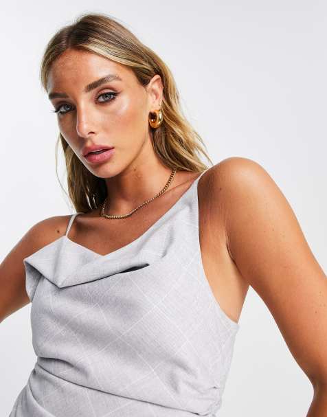 Topshop – Grårutig, asymmetrisk topp med draperad ringning - view 1