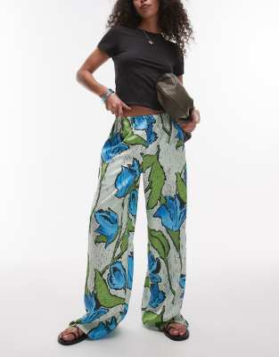 green and blue floral pull on satin wide leg pants