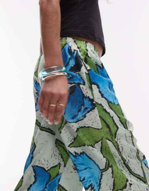 Topshop green and blue floral pull on satin wide leg pants, 2 of 5