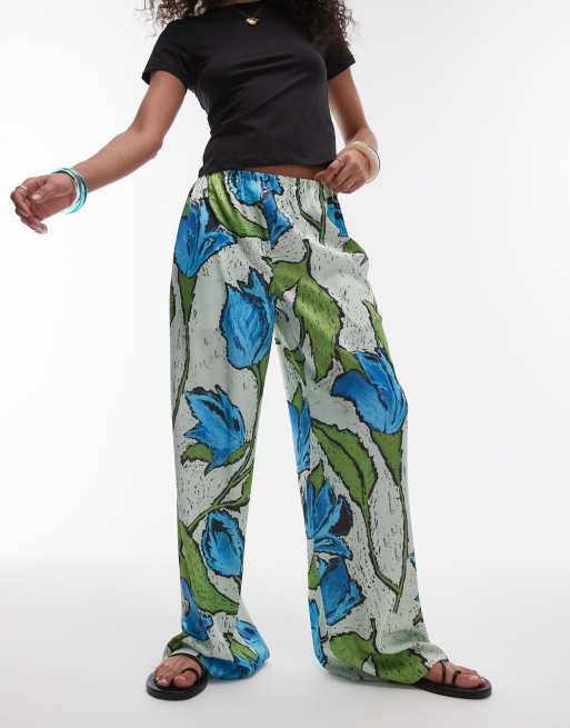 Topshop green and blue floral pull on satin wide leg pants, 3 of 5