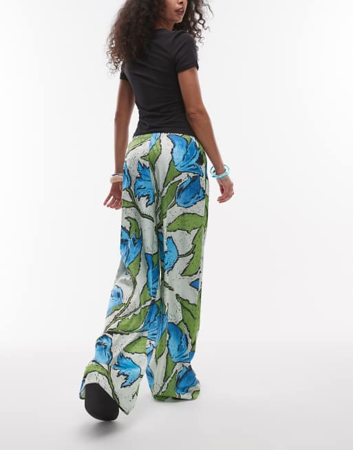 Topshop green and blue floral pull on satin wide leg pants, 4 of 5