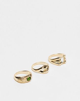 Topshop green and crystal textured dome 3 pack ring