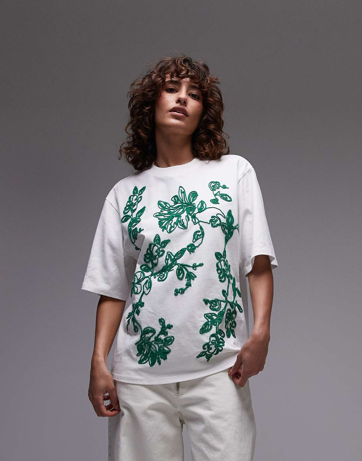 Topshop green embroidered raffia oversized tee in white