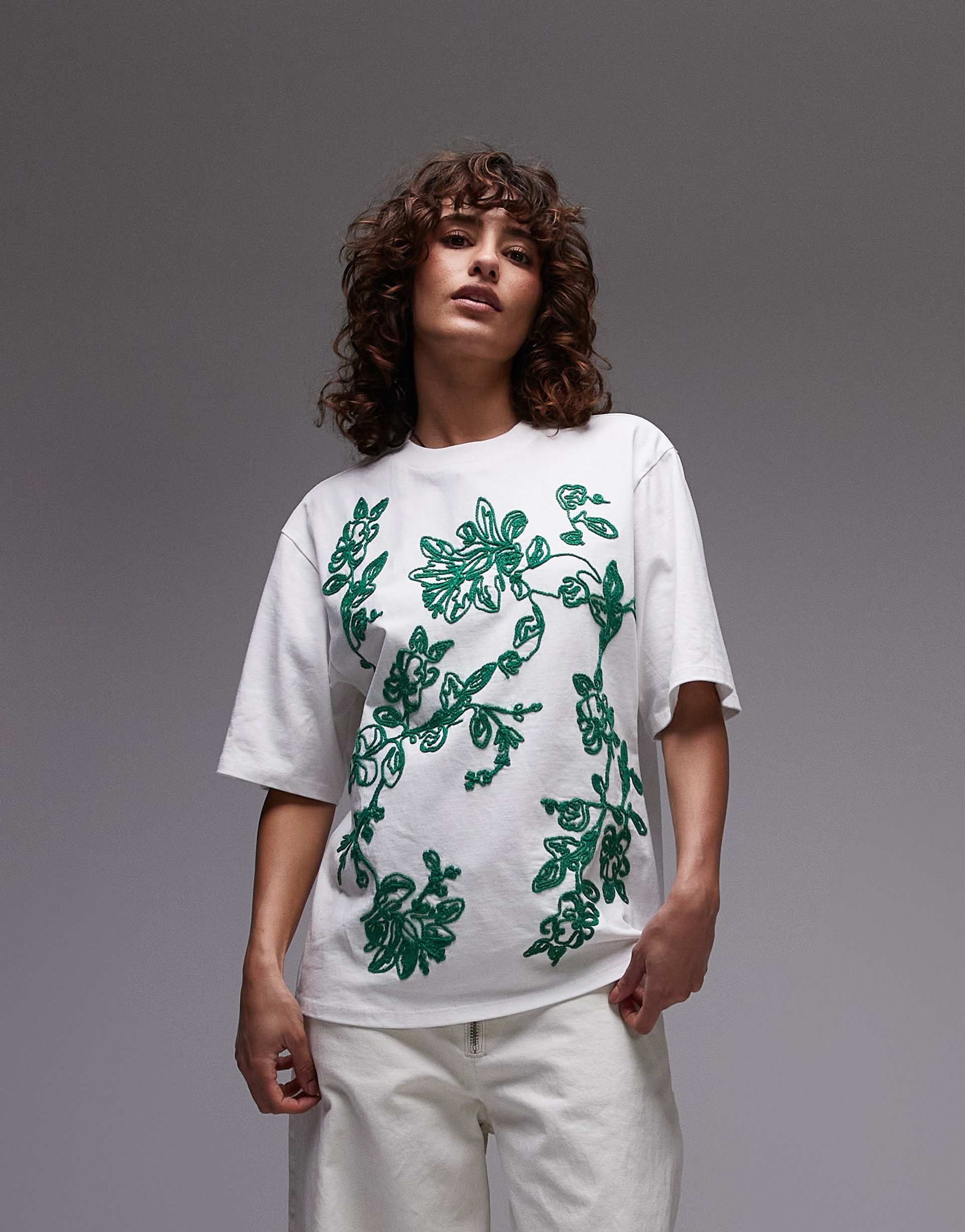 topshop green embroidered raffia oversized tee in white