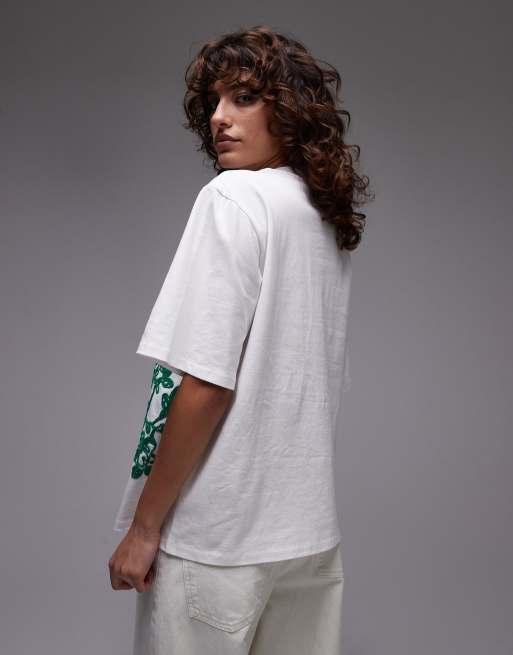 ショウキT-1 Topshop green embroidered raffia oversized tee in white | ASOS