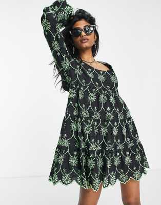 Topshop Green Embroidered Tiered Mini Dress