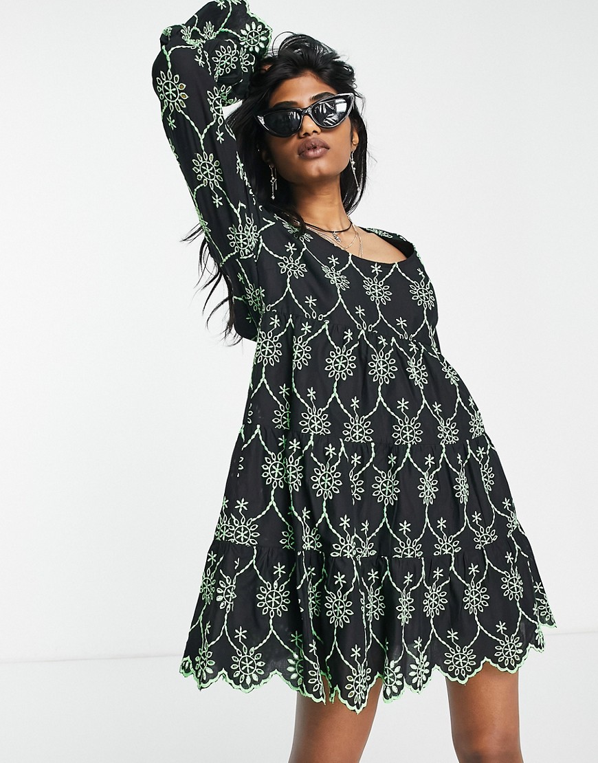 Topshop green embroidered tiered mini dress
