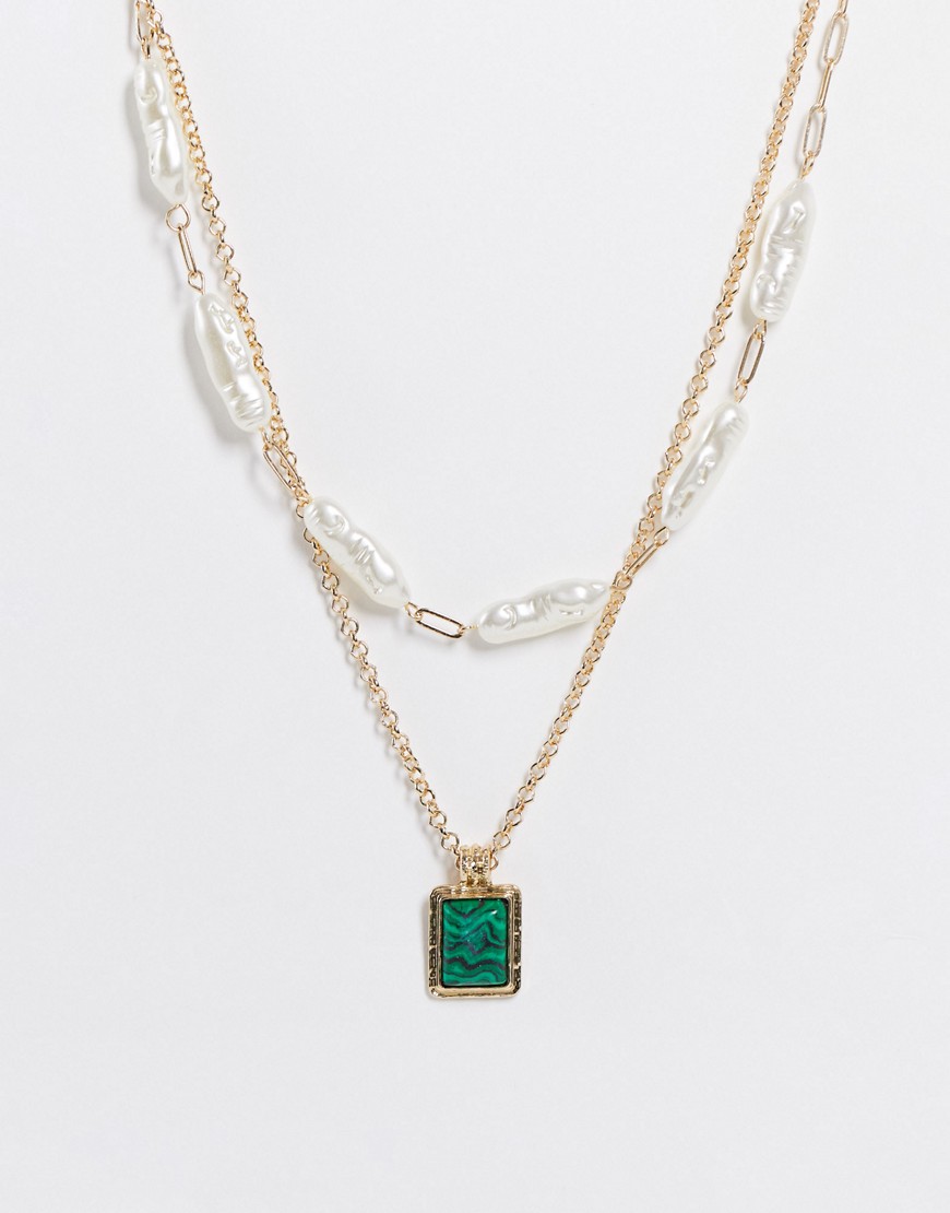 Topshop green stone and pearl multirow necklace in gold