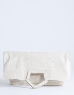 Gregry folded clutch bag in off white croc