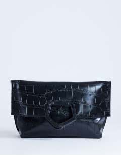 Gregry folded oversized clutch bag in black croc