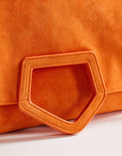 Topshop Gregry oversized folded clutch bag in orange suedette, 3 of 4