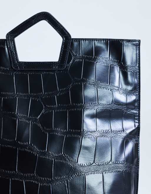 Topshop - Gregry - Oversized sort clutch-taske med foldedesign og krokodillemønster, 4 af 4