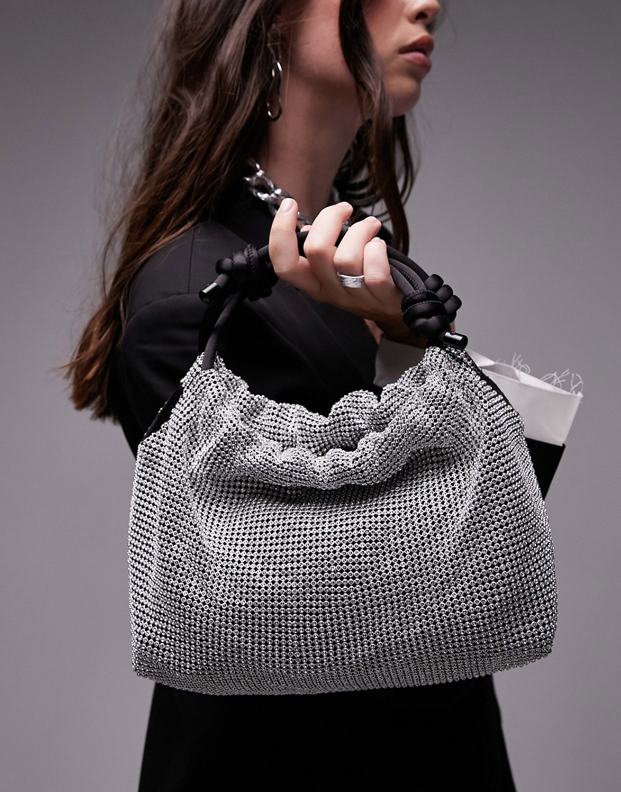 Topshop Gretchen embellished grab bag with satin handle in silver