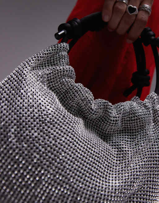 Topshop Gretchen embellished grab bag with satin handle in silver, 2 of 5