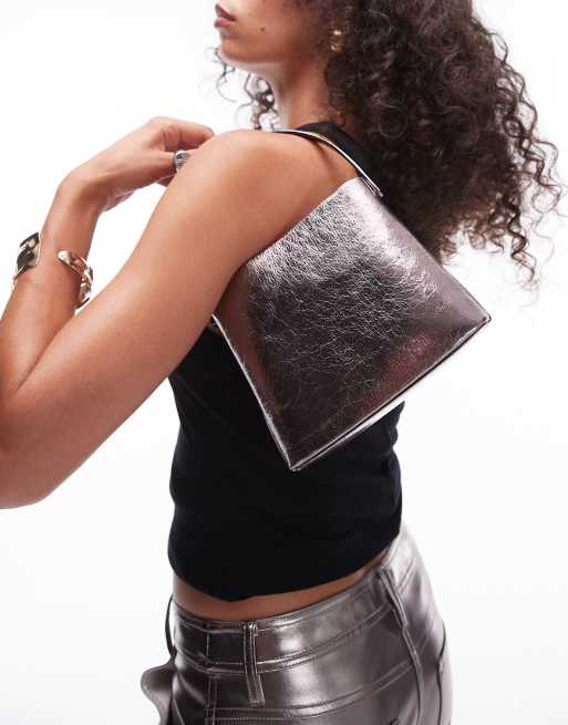 Topshop - Gretel - Borsa a mano piccola color peltro con manico in metallo