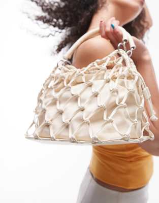 Topshop Topshop Griffin faux leather macrame grab bag in off white