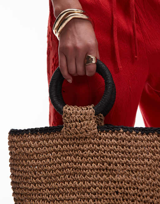 Topshop Griffin grab straw bag in natural black