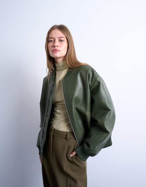 Topshop - Grøn bomber-jakke uden krave i vintage-vasket imiteret læder