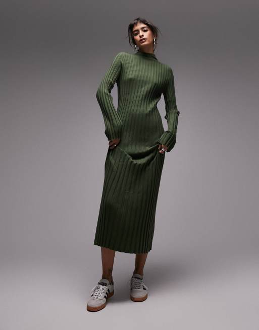Topshop - Grøn maxikjole med ståkrave i spraglet ribstrik, 2 af 4