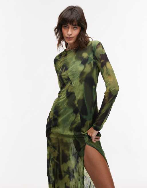 Topshop - Grøn midikjole med lange ærmer og slørret blomstermønster, 4 af 4
