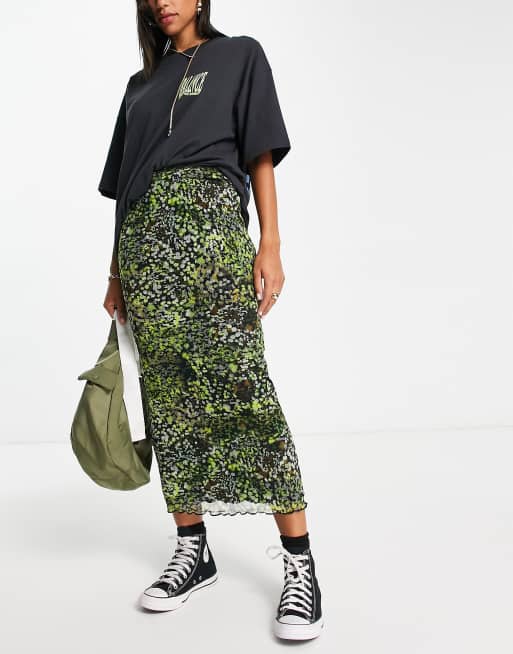 Topshop - Grøn midinederdel i mesh med småblomstret print, 4 af 4