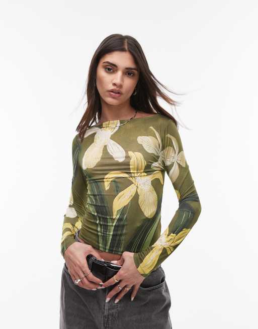 Topshop - Grøn og langærmet top i mikrofibermateriale med blomsterprint