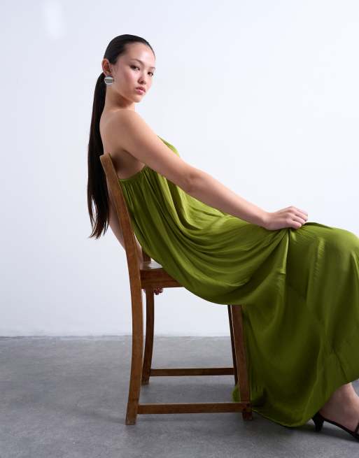 Topshop - Grøn oneshoulder-kjole i satin, 2 af 4