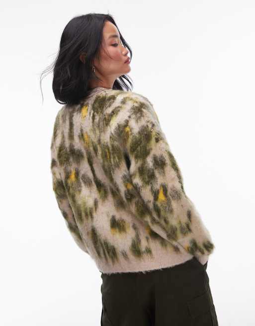 Topshop - Grøn oversized cardigan med abstrakt dyreprint i børstet strik, 4 af 4