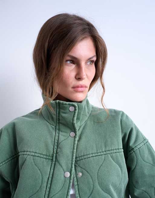 Topshop - Grøn oversized quiltet bomber-jakke i syrevasket bomuld, 4 af 4