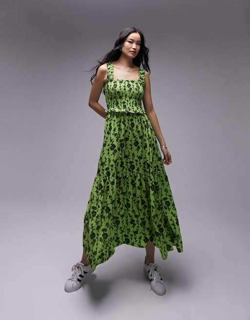 Topshop - Grøn pinafore-midikjole med rynker og sort blomstermønster